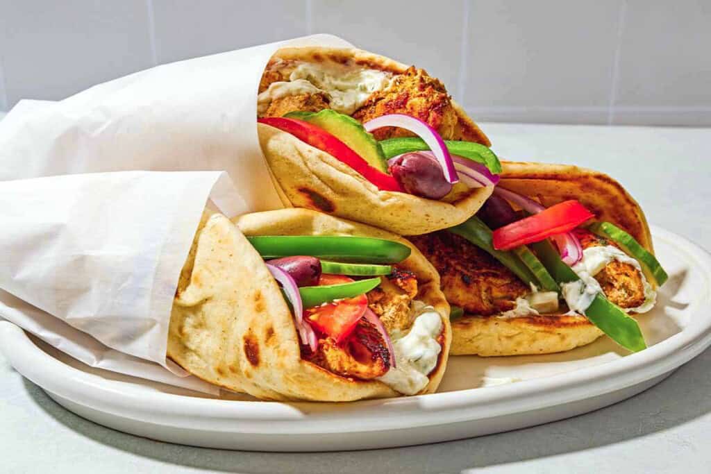 Three chicken gyros on a plate, each one wrapped in parchment paper.