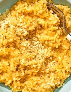 Risotto in a bowl with a fork.