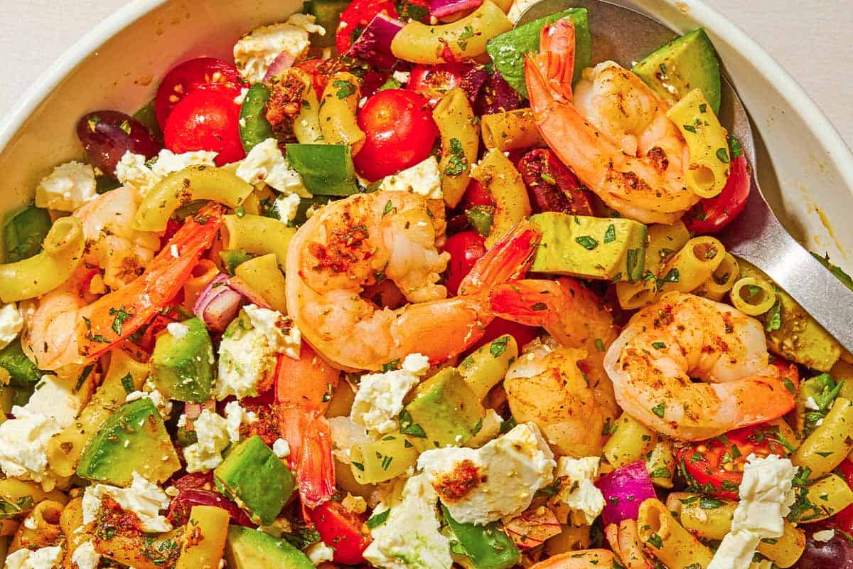 Shrimp Pasta Salad with Avocado and Feta