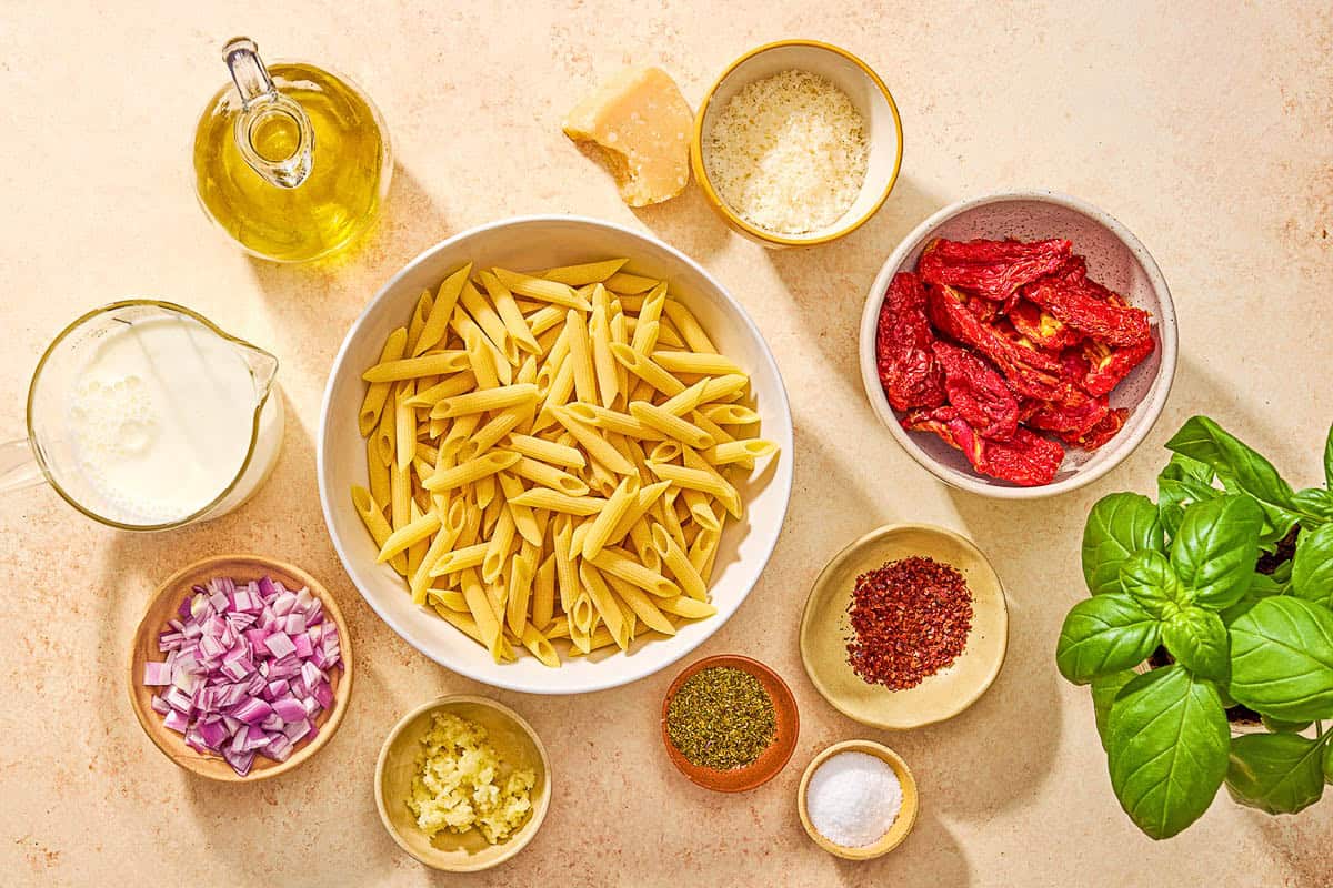 Ingredients for sun dried tomato pasta including penne pasta, sun dried tomatoes, salt, olive oil, shallots, garlic, whole milk, dried oregano, aleppo pepper, grated parmesan cheese and fresh basil.