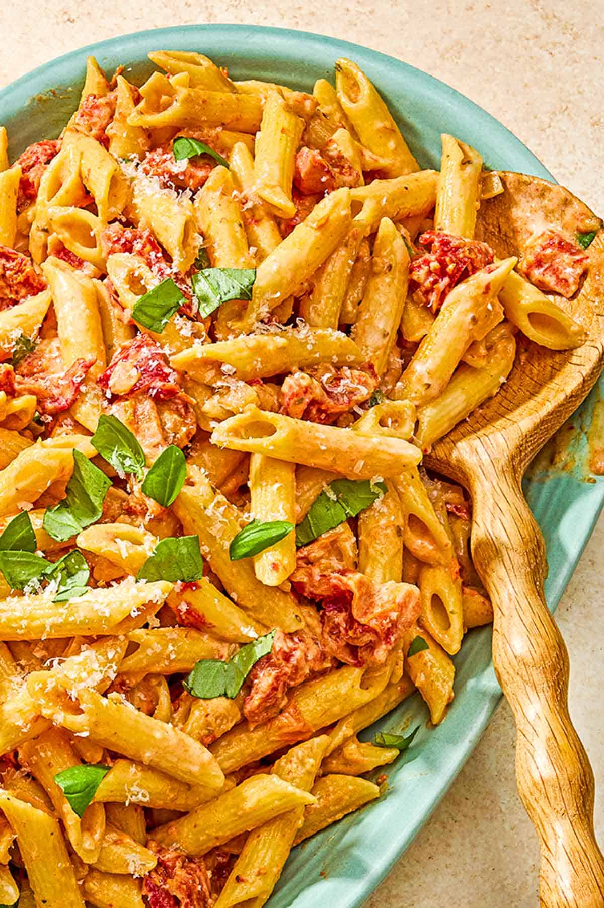 Sun dried tomato pasta on a platter.