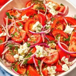 The tomato feta salad in a serving bowl.