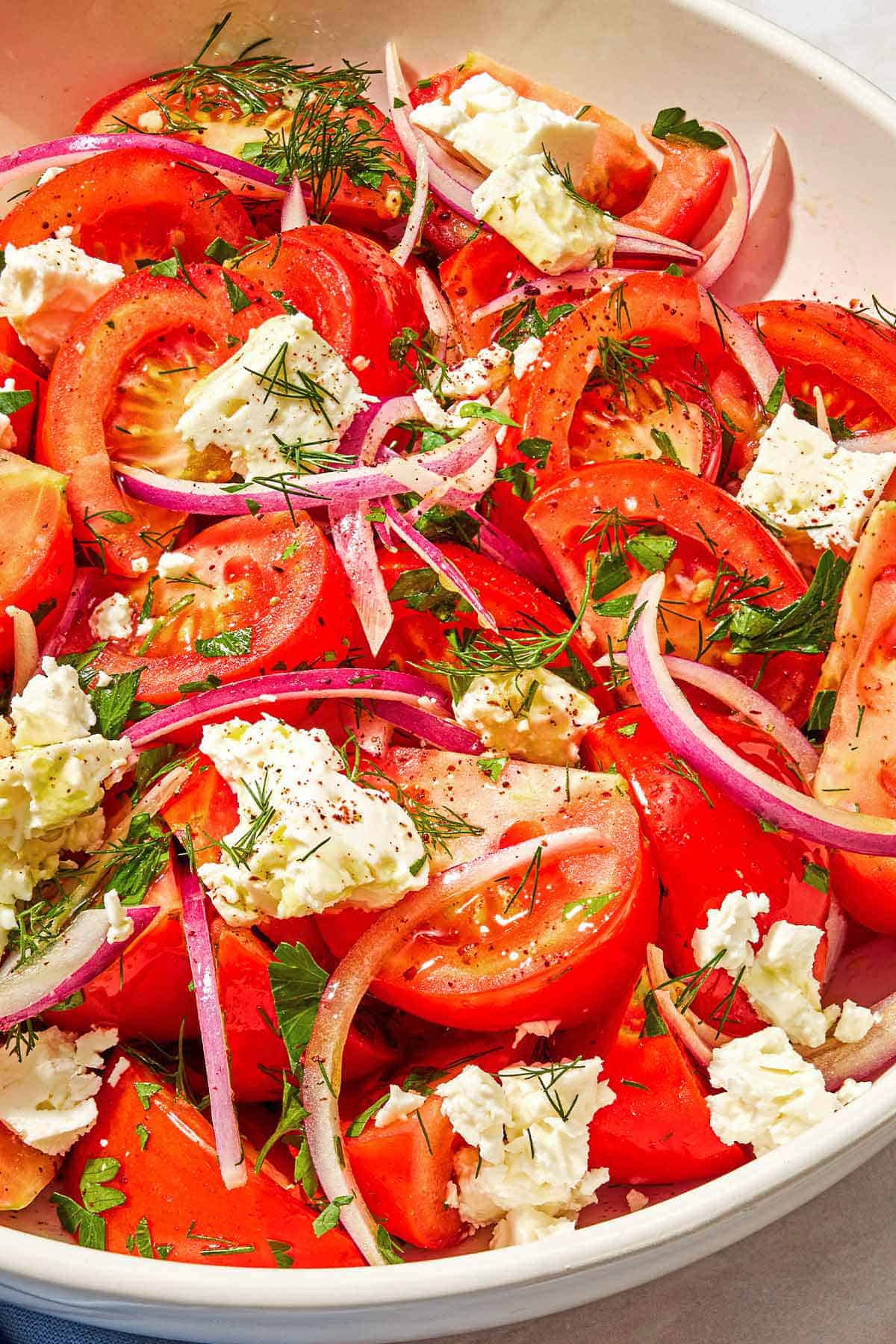 The tomato feta salad in a serving bowl.
