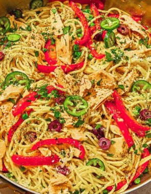 Tuna pasta in a deep skillet.
