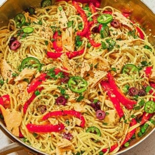 Tuna pasta in a deep skillet.