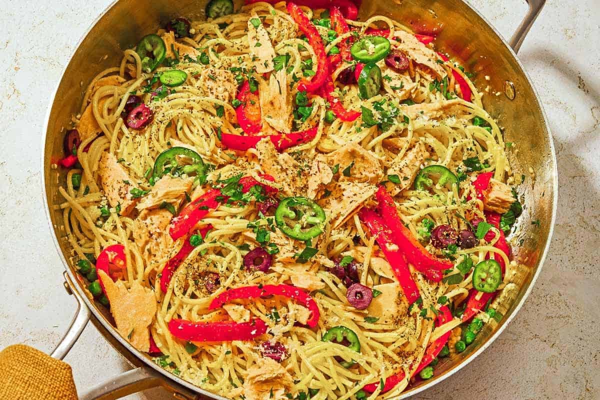 Tuna pasta in a deep skillet.