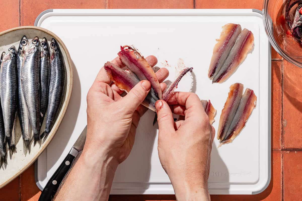 An anthovy being cleaned out over a cutting board with two anchovy fillets. Next to this is a platter of whole fresh anchovies.
