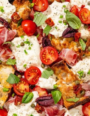 Burrata salad on a platter.
