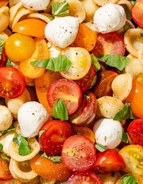 Caprese pasta salad in a serving bowl.