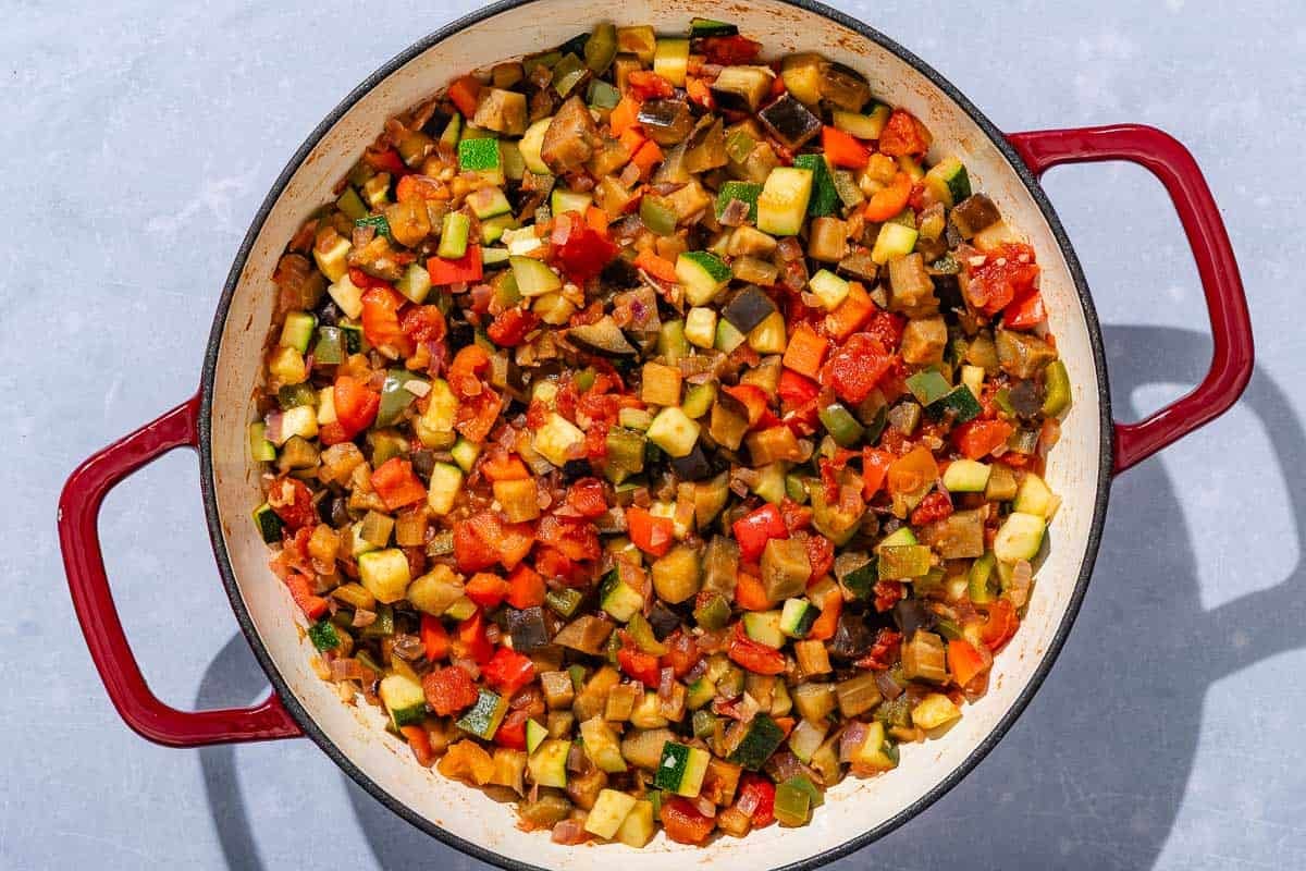 Spanish pisto in a skillet.