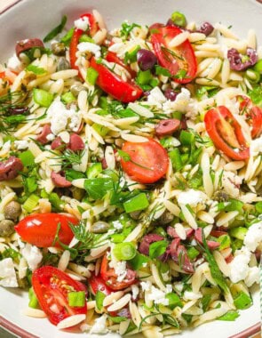 Orzo salad in a bowl.
