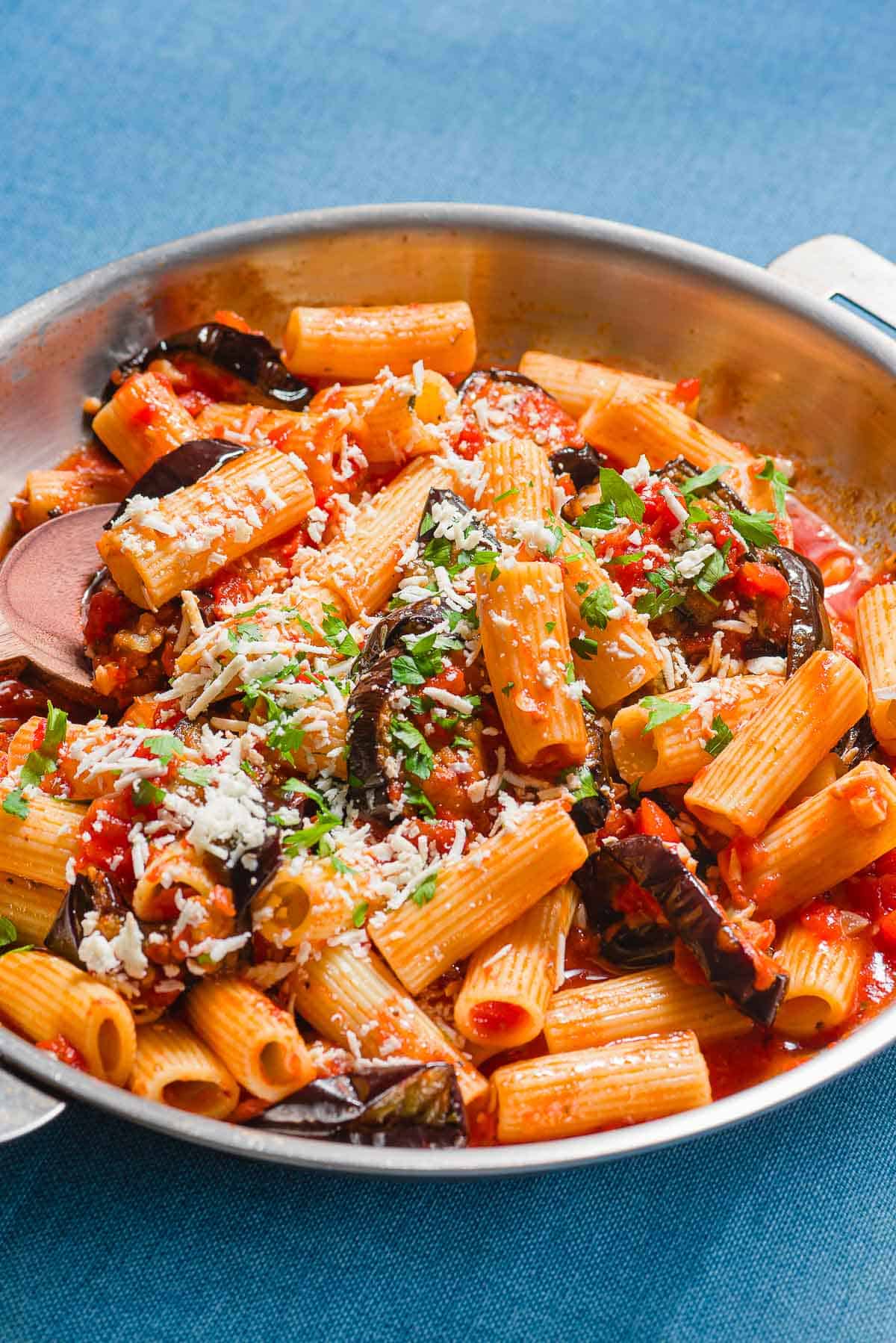 Pasta alla norma in a skillet.