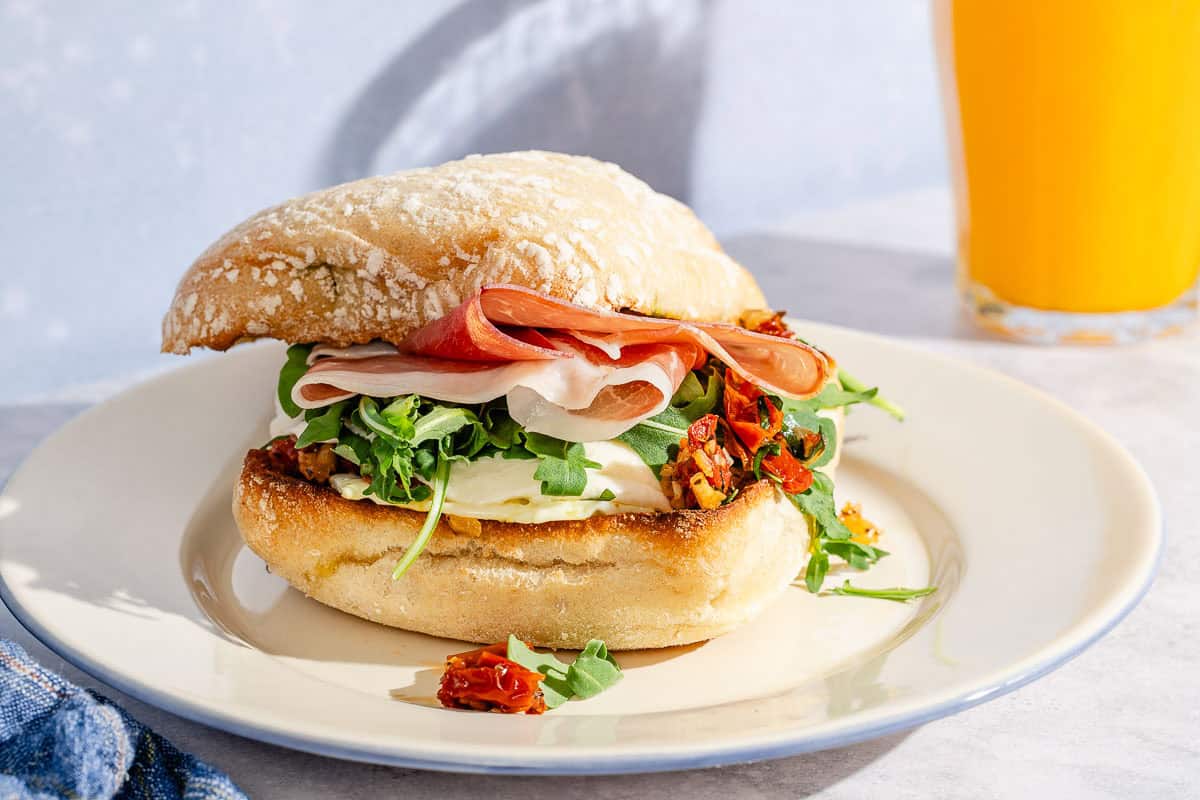 Breakfast Sandwich with Pesto, Prosciutto and a Sun-dried Tomato Topping