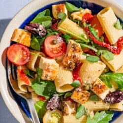 A bowl of chicken pasta salad with a fork.