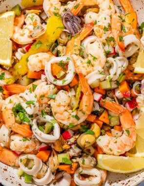 Seafood salad in a serving bowl.