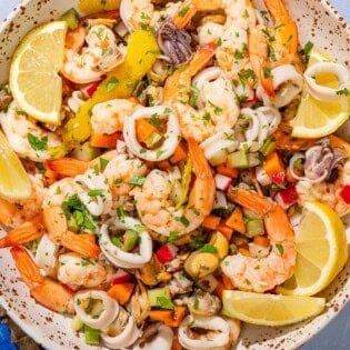 Seafood salad in a serving bowl.