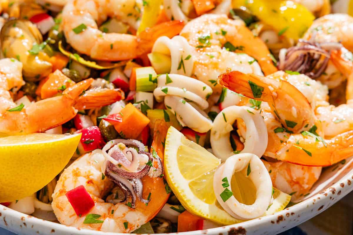 Seafood salad in a serving bowl.