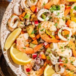 Seafood salad in a serving bowl.