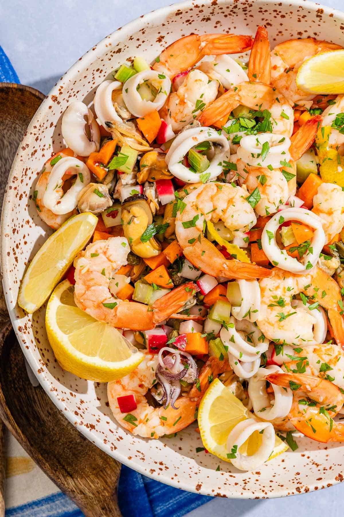 Seafood salad in a serving bowl.