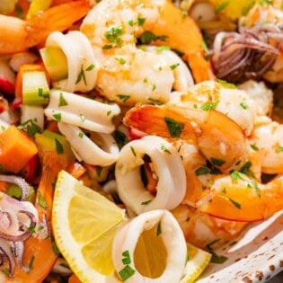 Seafood salad in a serving bowl.