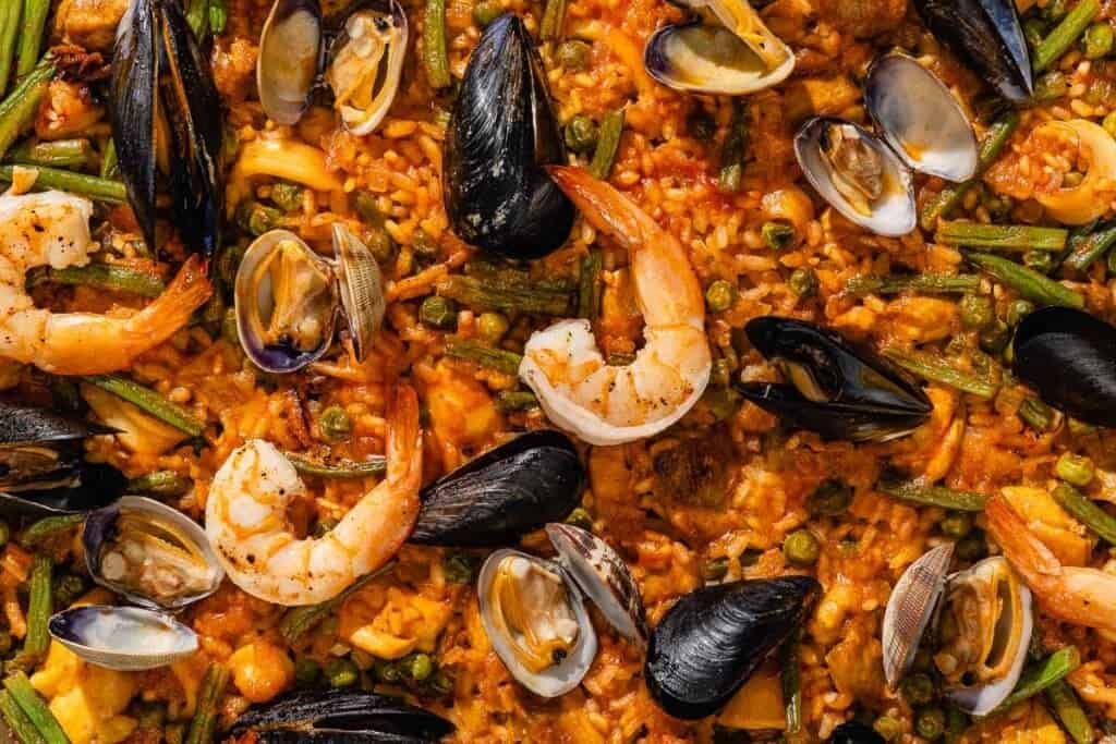 A close up of paella.