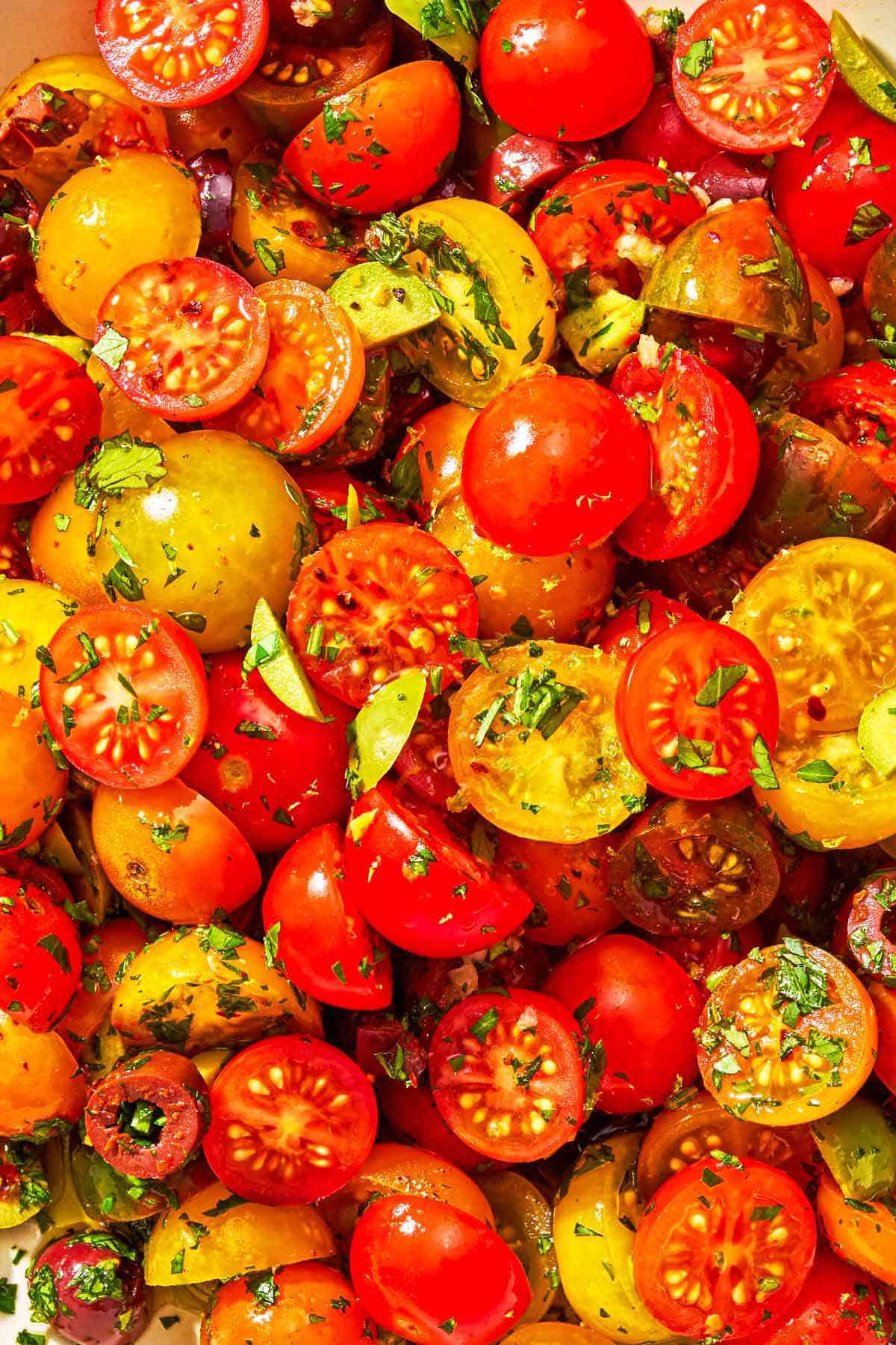 A close up of cherry tomato salad.