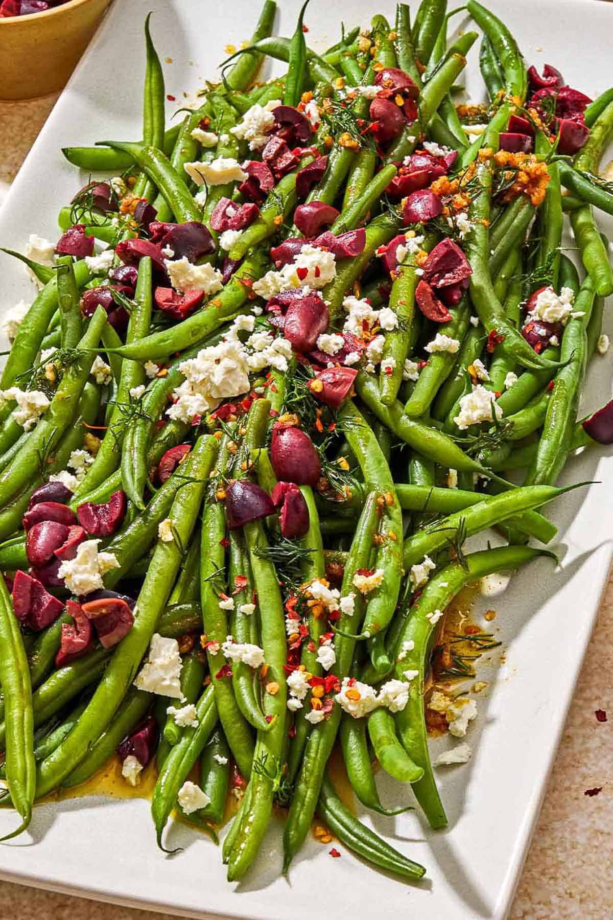 Green bean salad on a platter.