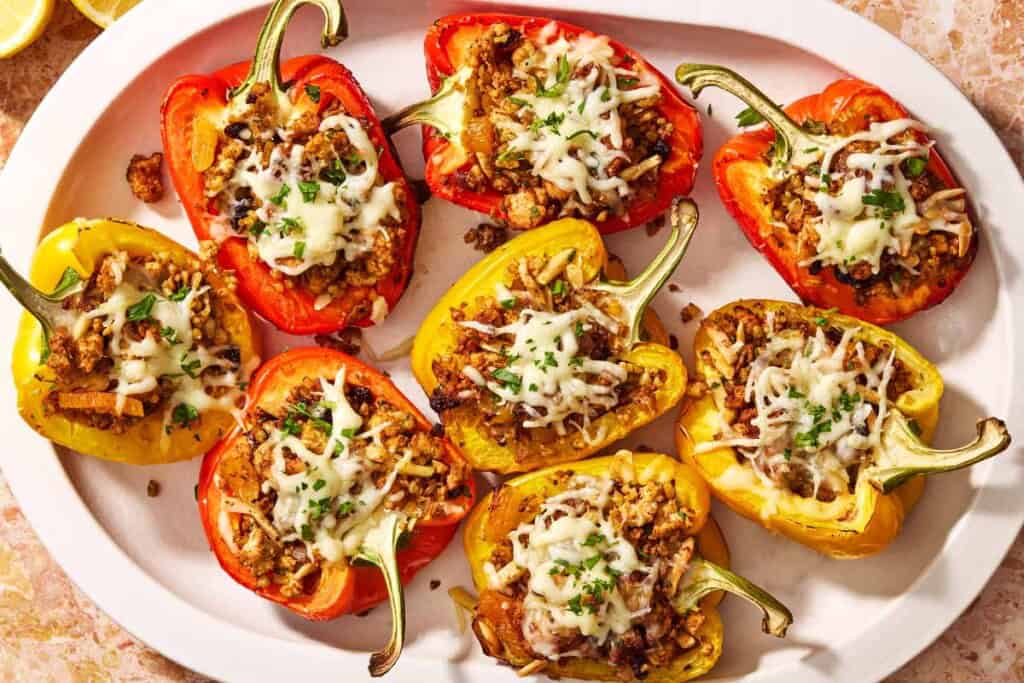 Several grilled stuffed peppers on a serving platter.