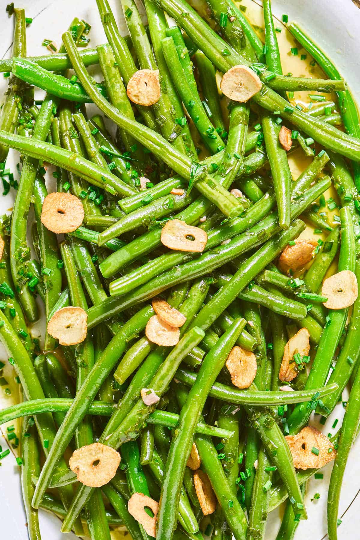 A close up of italian green bean salad.