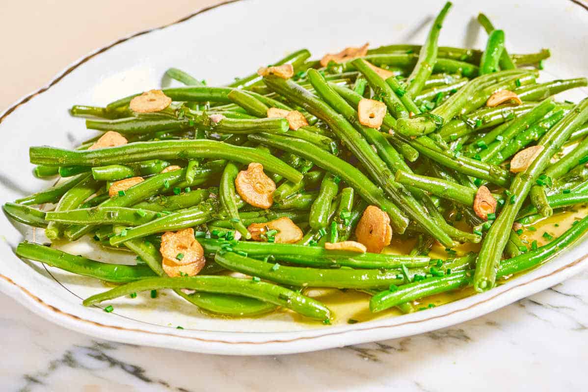 Italian green bean salad in a serving bowl.