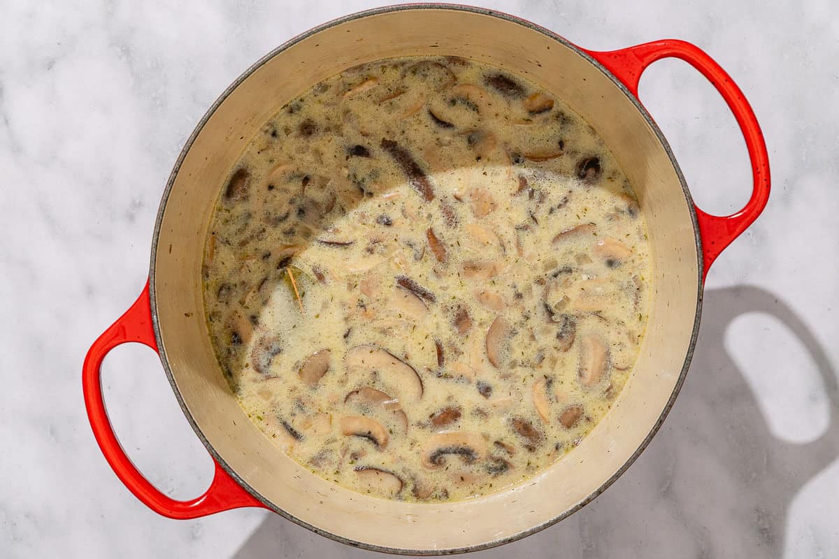 The mushroom soup in a pot just after the milk and cornstarch were added.