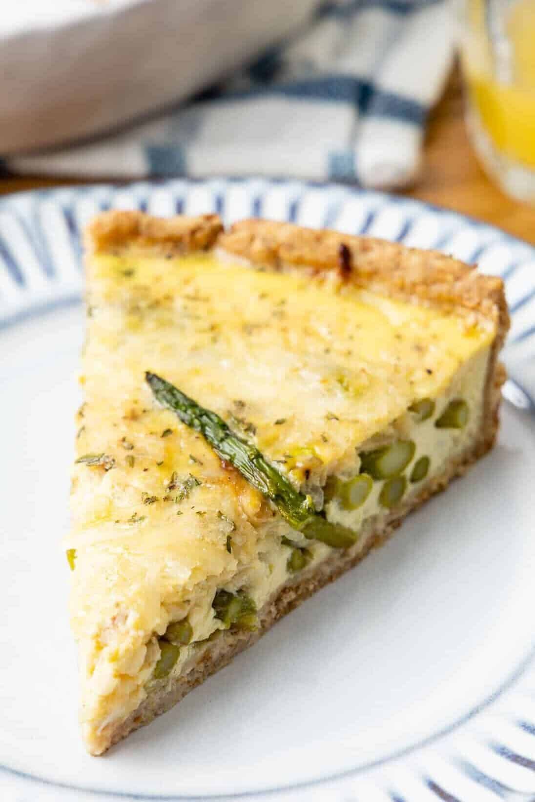 Close up shot of asparagus quiche.