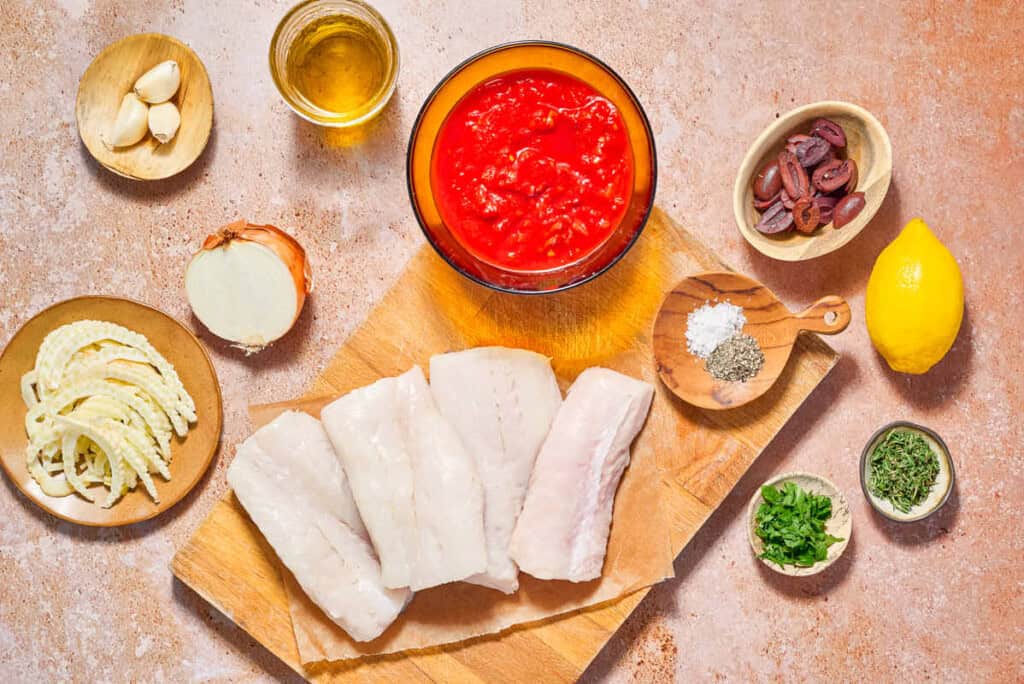 Ingredients for provençal fish including haddock fillets, salt, black pepper, olive oil, onion, sliced fennel, garlic, crushed tomatoes, kalamata olives, thyme, parsley and lemon.