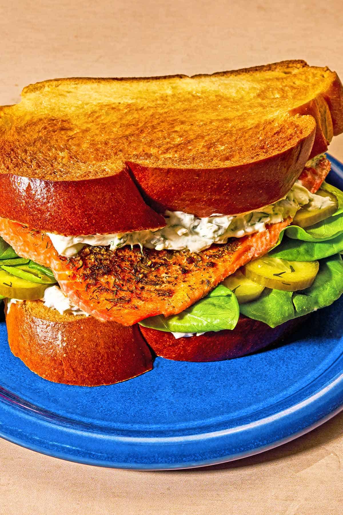 A close up of a salmon sandwich on a plate.