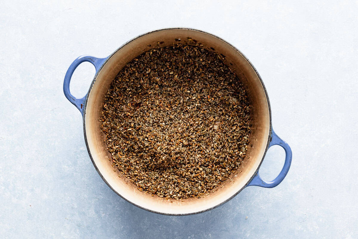The freekeh for the chermoula chicken I a large pot.