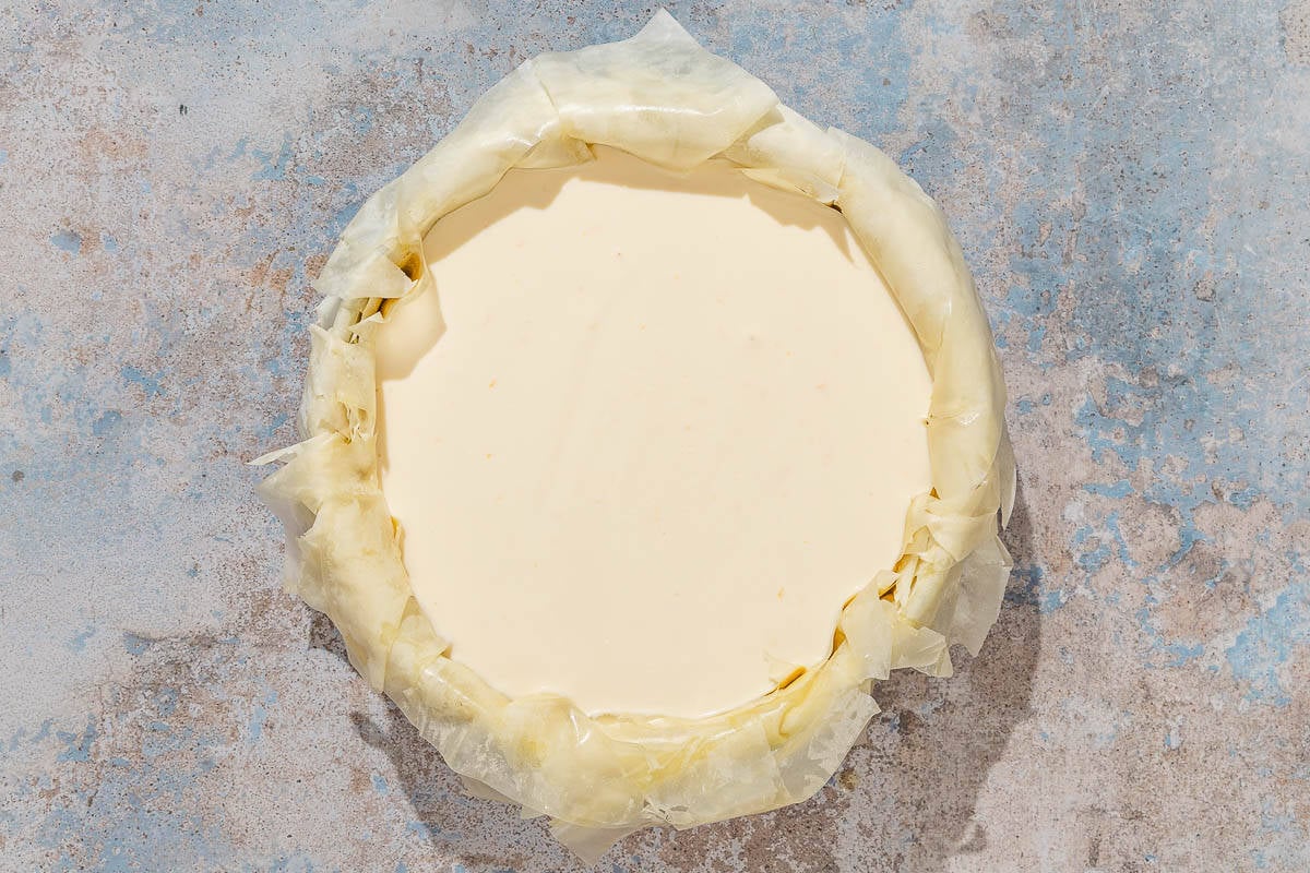 The baklava batter in the phyllo crust before being baked.