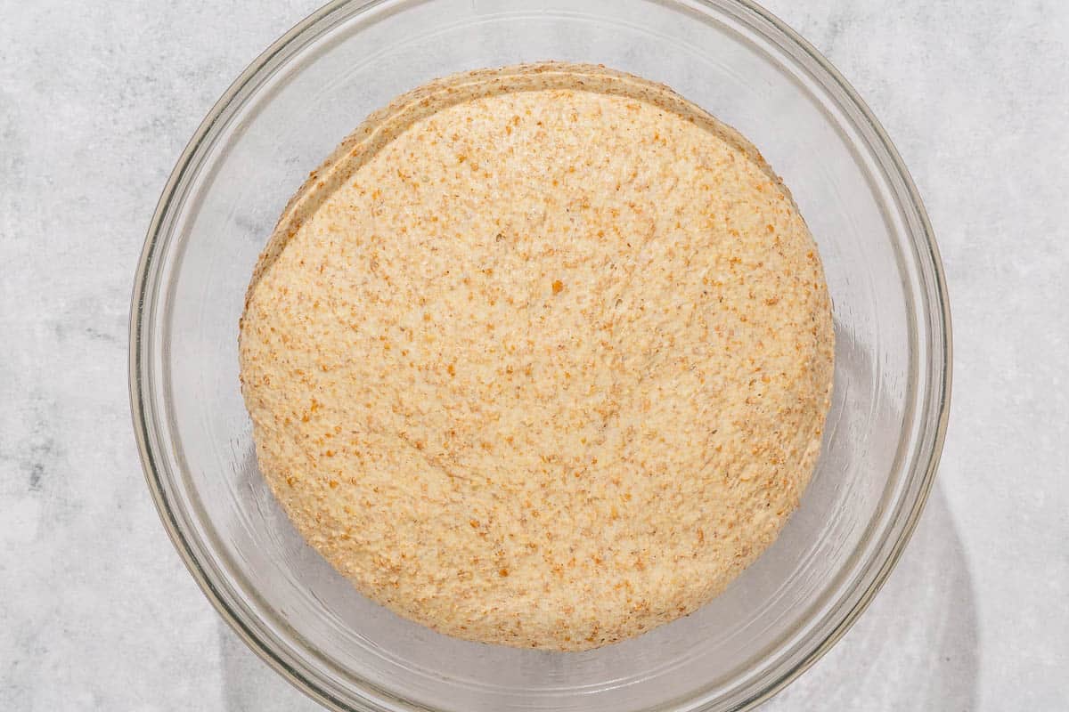 The dough for the whole wheat bread rising in a bowl.