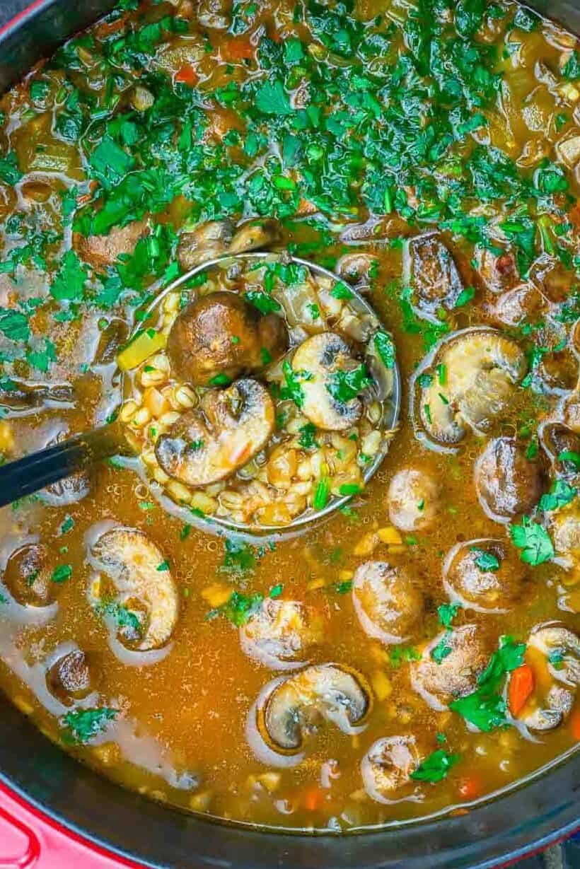 A large pot of mushroom barley soup garnished with parsley