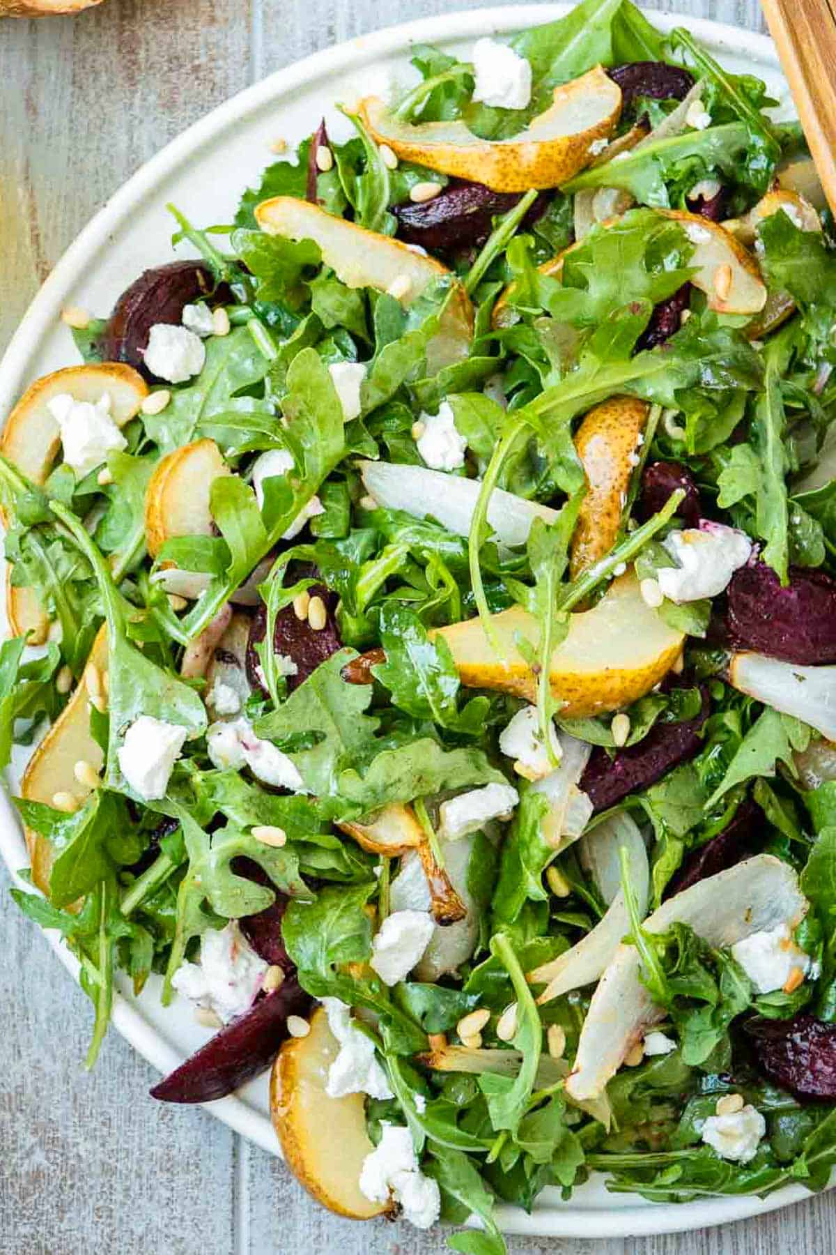 Beet and goat cheese salad on a platter.