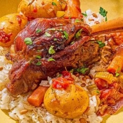 Braised lamb shanks with carrots and potatoes on a bed of rice in a bowl.