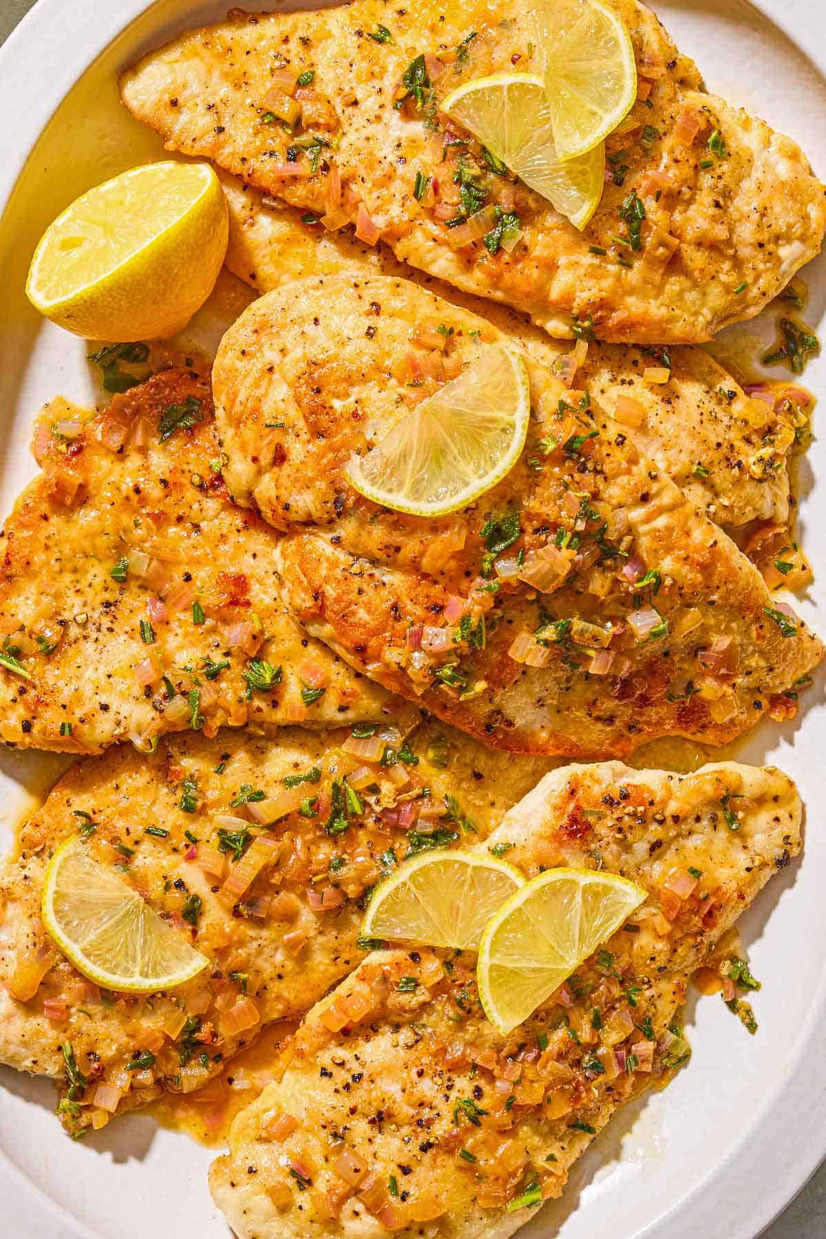 Several pieces of the chicken scaloppine topped with a lemon cream sauce and slices of lemon on a platter.