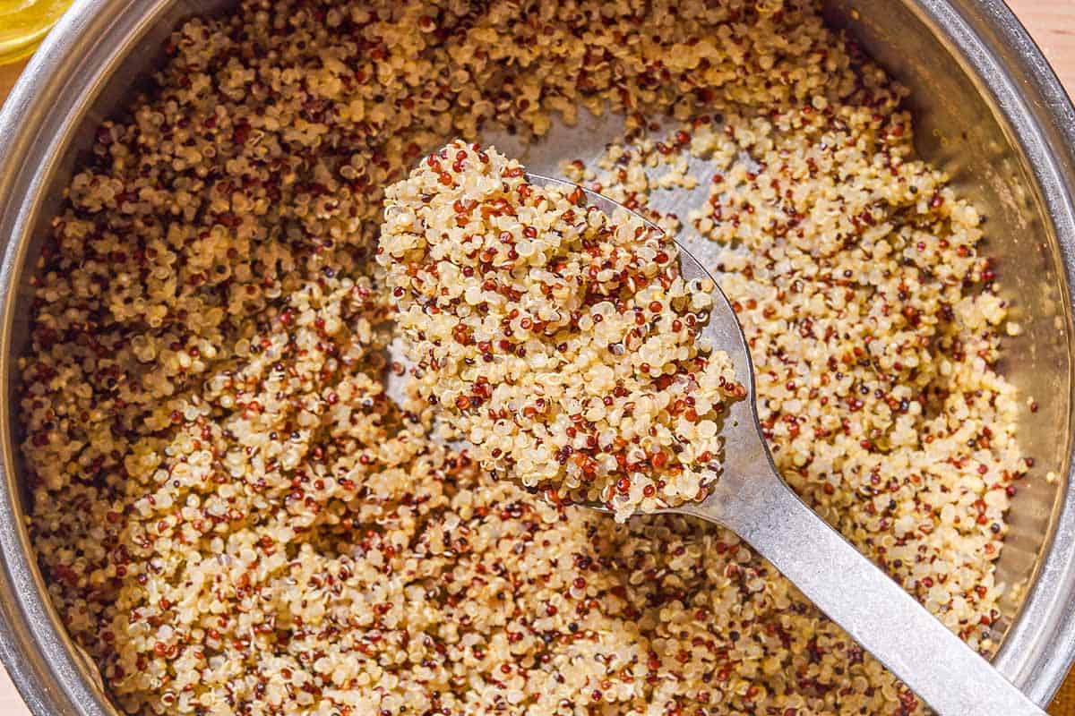 A spoonful of cooked rainbow quinoa being held over a saucepan with the rest of the quinoa.