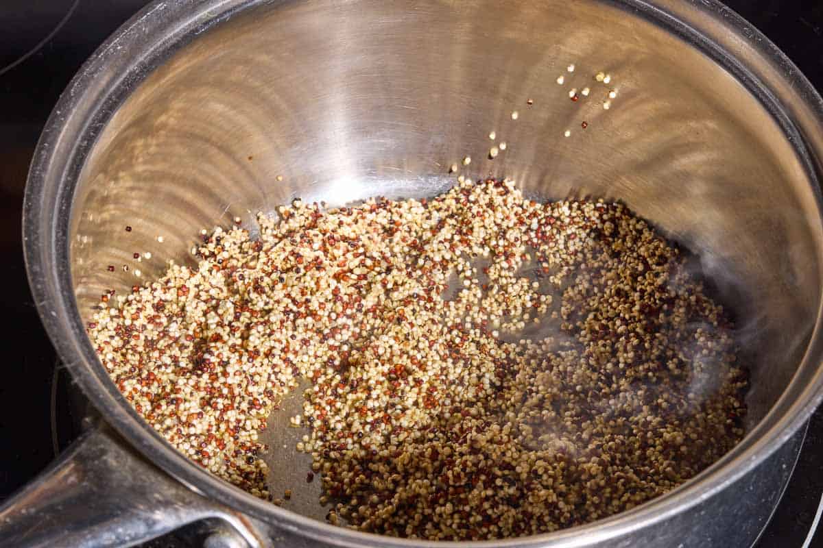 Rainbow quinoa being toasted in a saucepan.