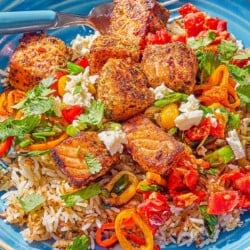 A close up photo of a salmon bowl with a fork.
