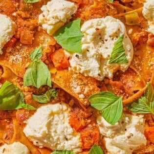 A close up of skillet lasagna.