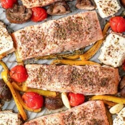 A close up of the Mediterranean salmon recipe a sheet pan.