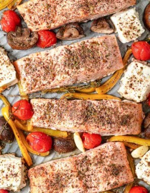 A close up of the Mediterranean salmon recipe a sheet pan.