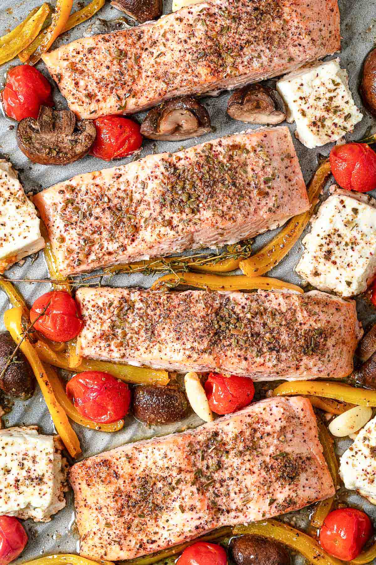A close up of the Mediterranean salmon recipe a sheet pan.