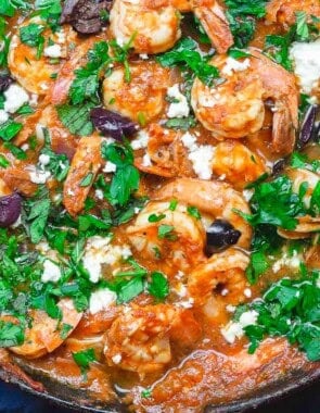An overhead photo of Greek shrimp in a skillet.