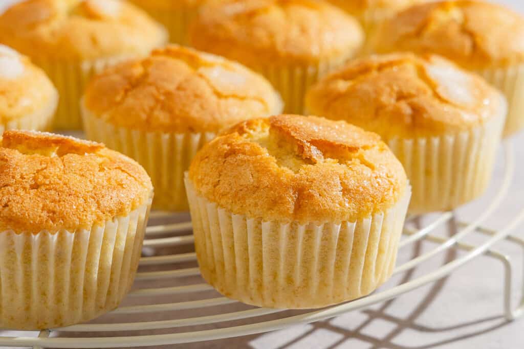 Several magdalenas evenly spaced on a round wire rack.
